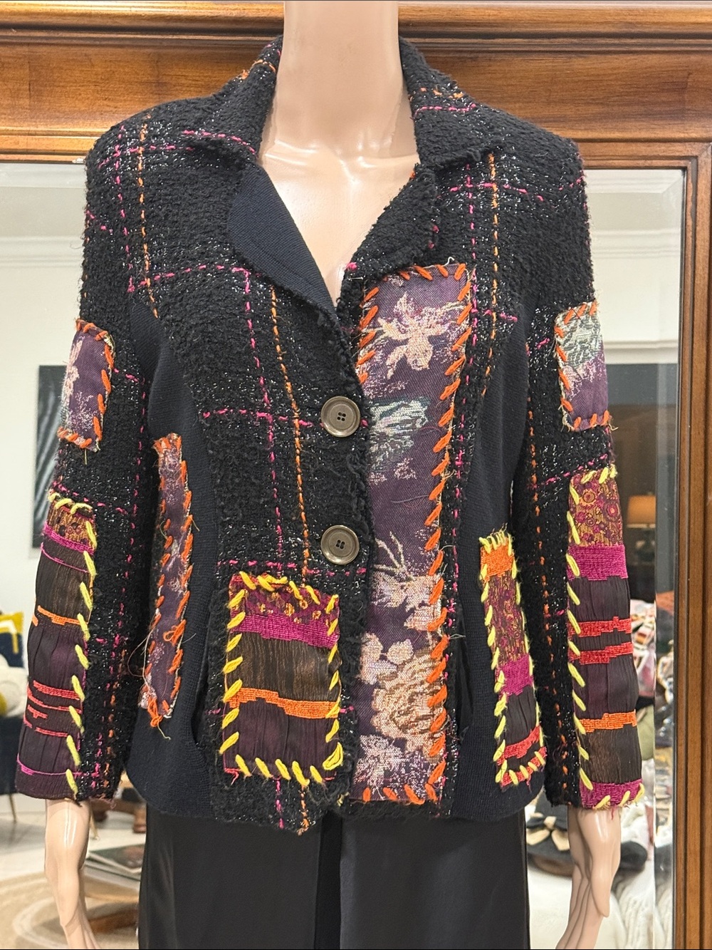Boho Angel II Patchwork Button Front Jacket with Multicolor Stitching size Mediu